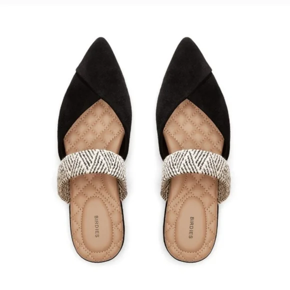 Birdies Swan Black Cuff Black and Cream Patterned Mules Size 7 - Picture 1 of 4